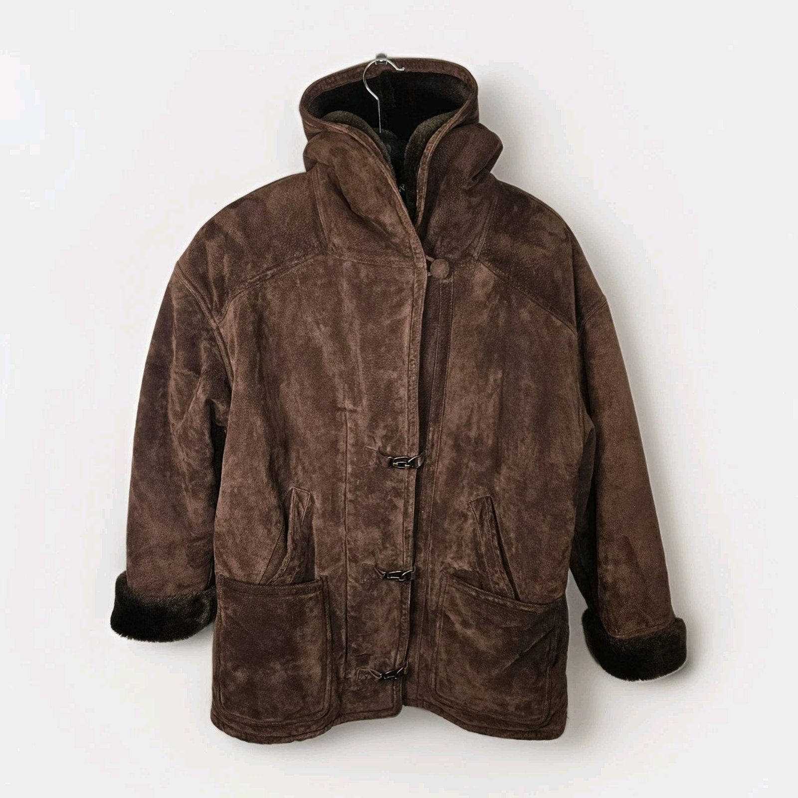 Vintage Synergy Oversized Leather Faux Shearling Coat Large Chocolate Brown