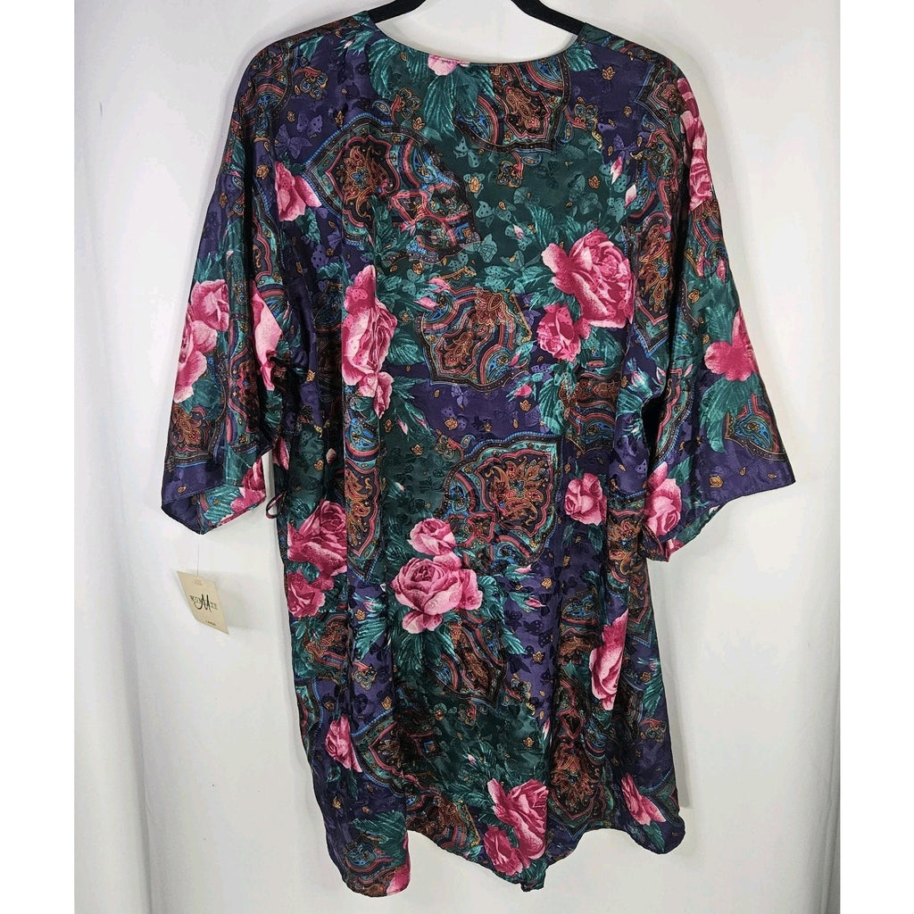 Vintage Floral Satin Robe XL Midi Robe Kimono Nightwear 90s NWT Missing BELT