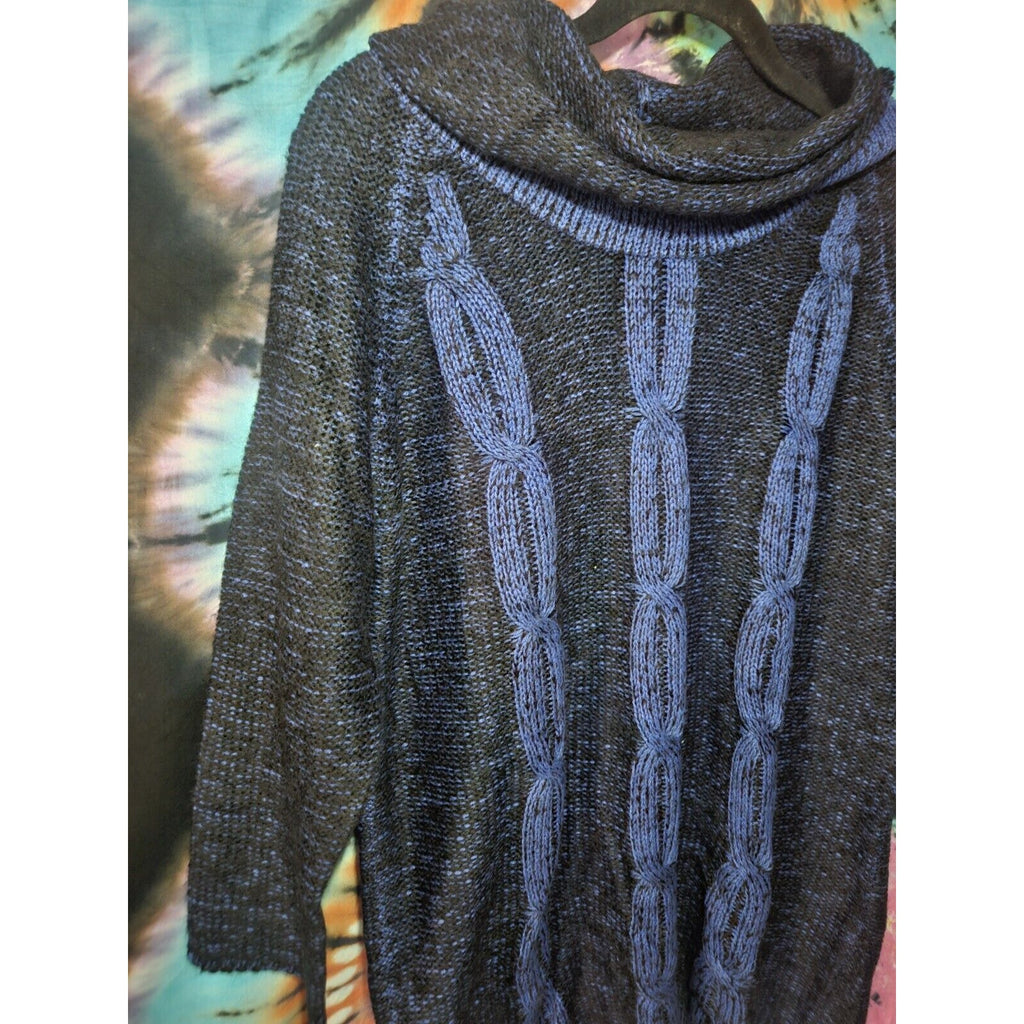 Notations Blue Black Knit Cowl Neck Midi Sweater 3/4 Sleeves XL