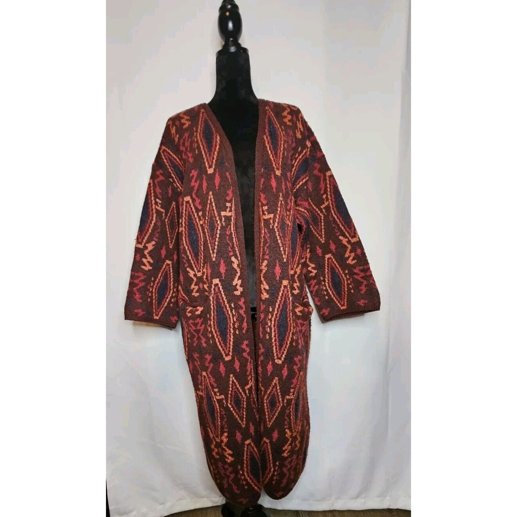 Willow & Clay Jacquard Long Cardigan Burgundy Aztec Southwestern Tribal Sweater