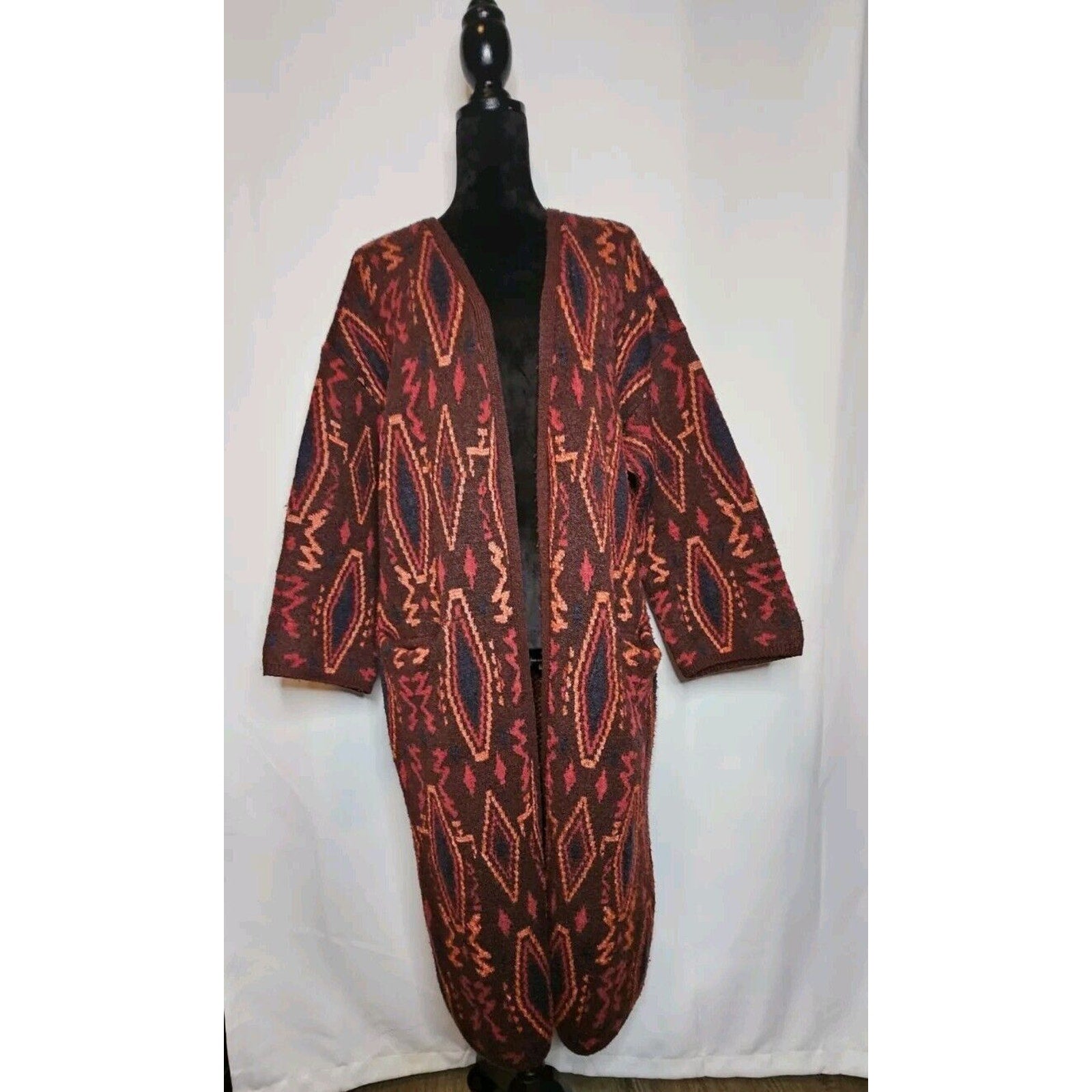 Willow & Clay Jacquard Long Cardigan Burgundy Aztec Southwestern Tribal Sweater