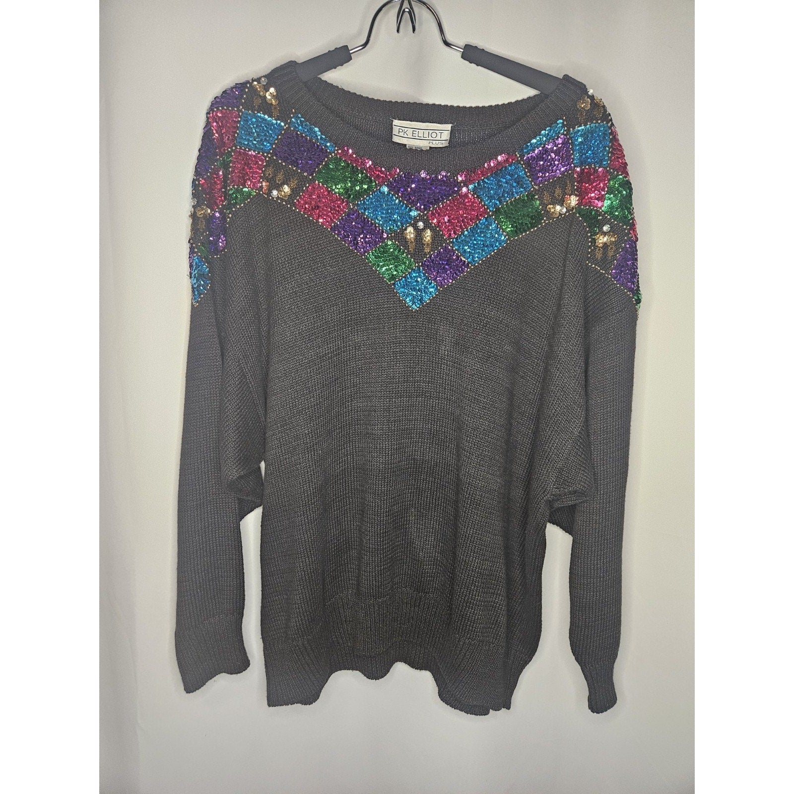 Vintage PK Elliot Plus Sweater 2X Black Sequins Pullover Casual Knit Grannycore
