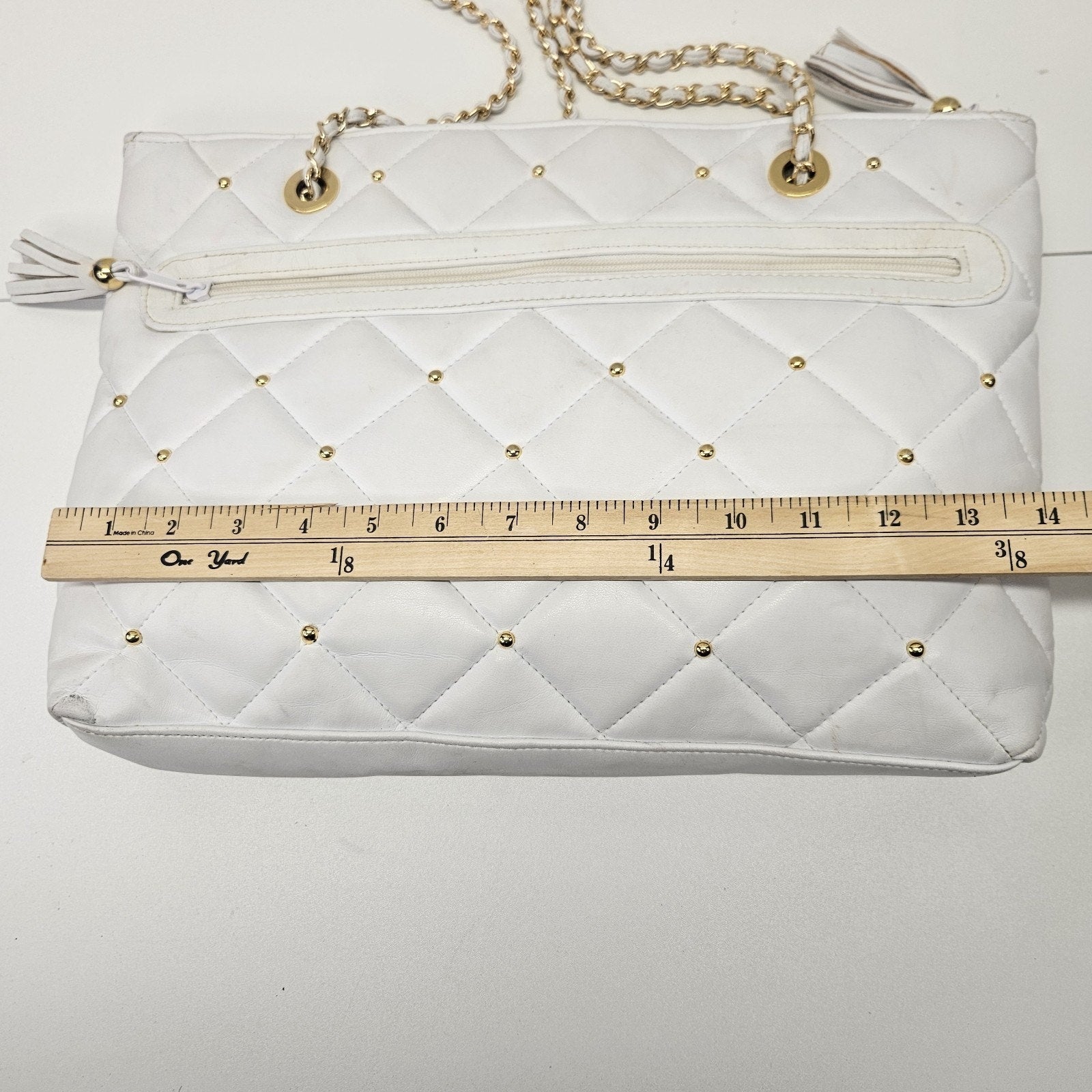 Vtg YS Luxury Quilted White Leather Large Shoulder Bag Tote GoldTone Chain Strap