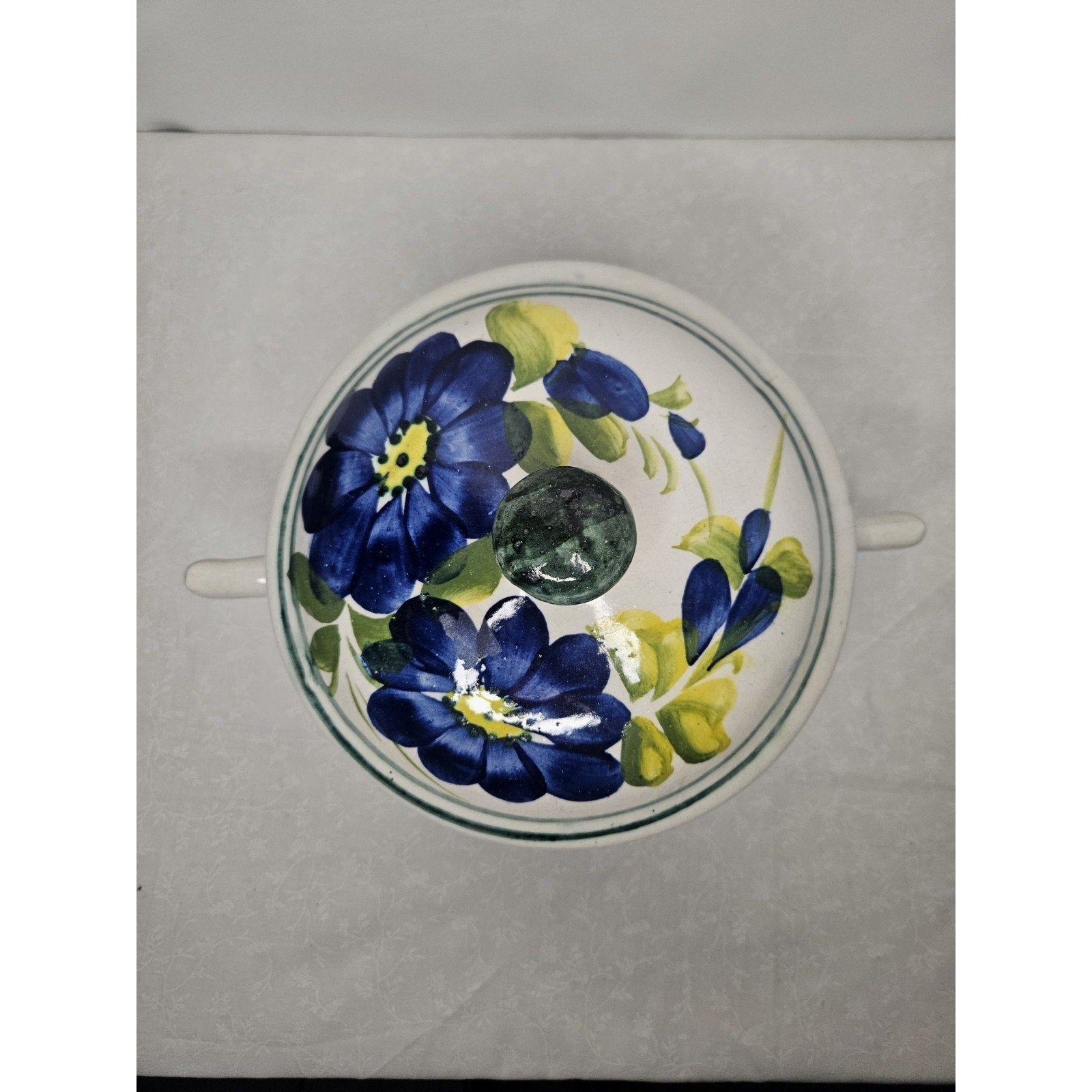 Vtg Mexican Hand Made Painted Decorative Lidded Bean Pot Blue Floral Casserole