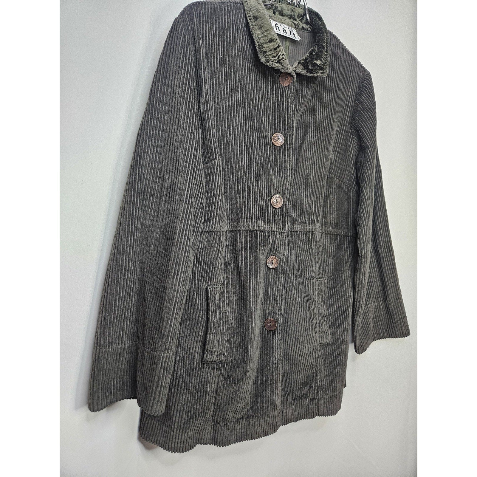 Keren Hart Peplum Corduroy Jacket Womens Small Cotton Vintage Green Mac Coat