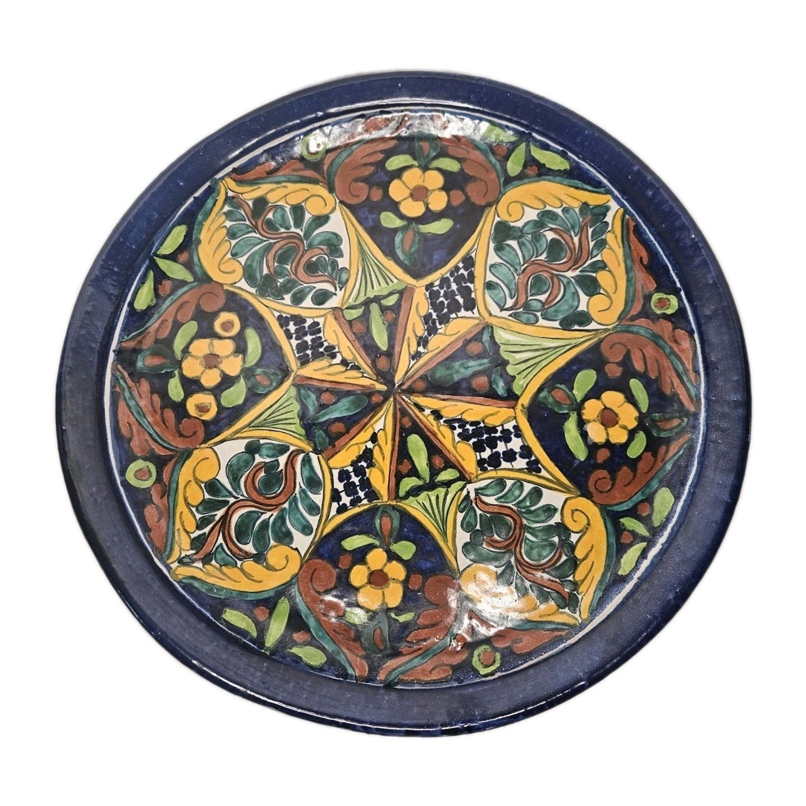 Vintage Mexican Folk Art Pottery Hand Painted Wall Hanging Plate 18.5" Round