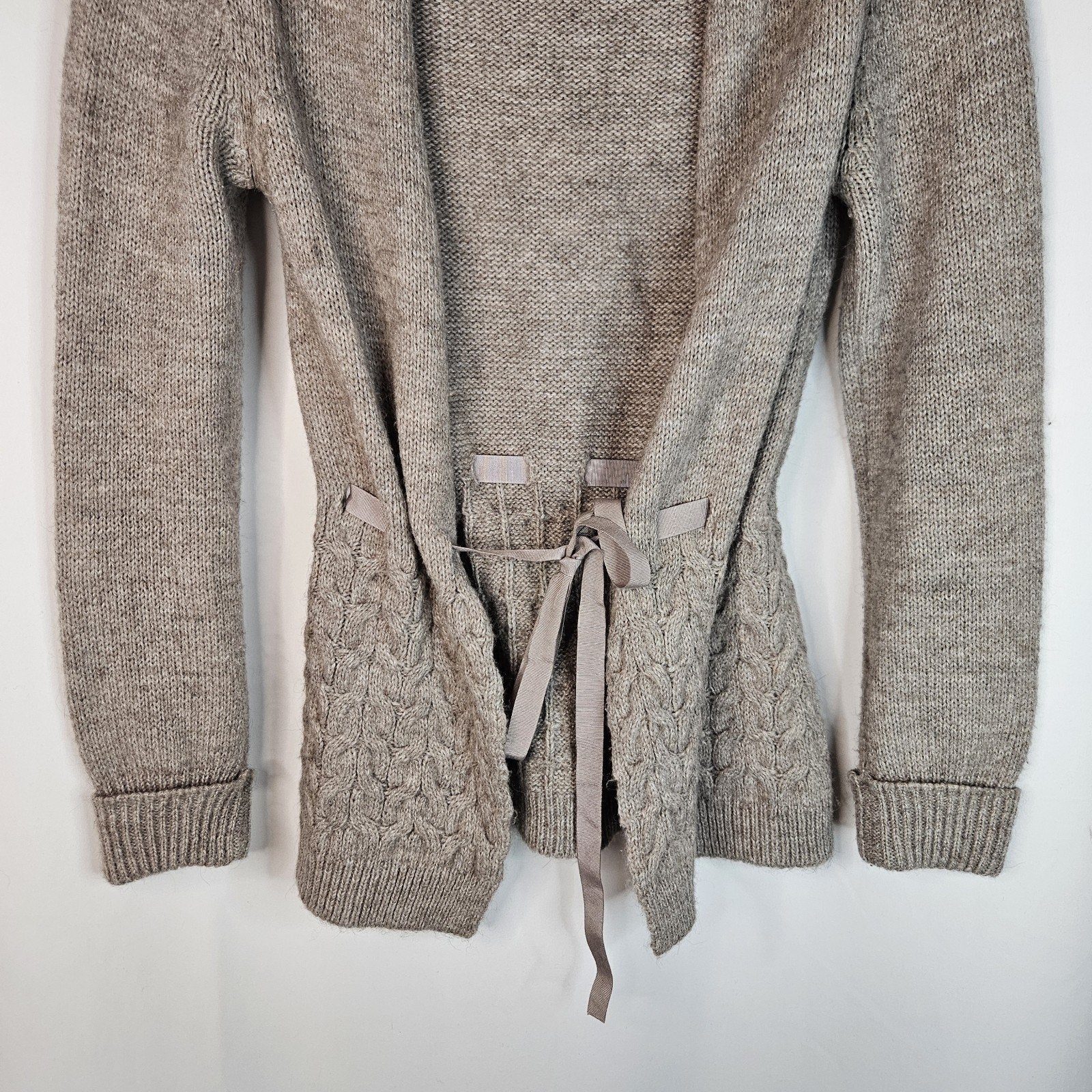 Massimo Dutti Alpaca Wool Ruffle Tie-Front Cardigan Sweater Gray Brown Size M/32