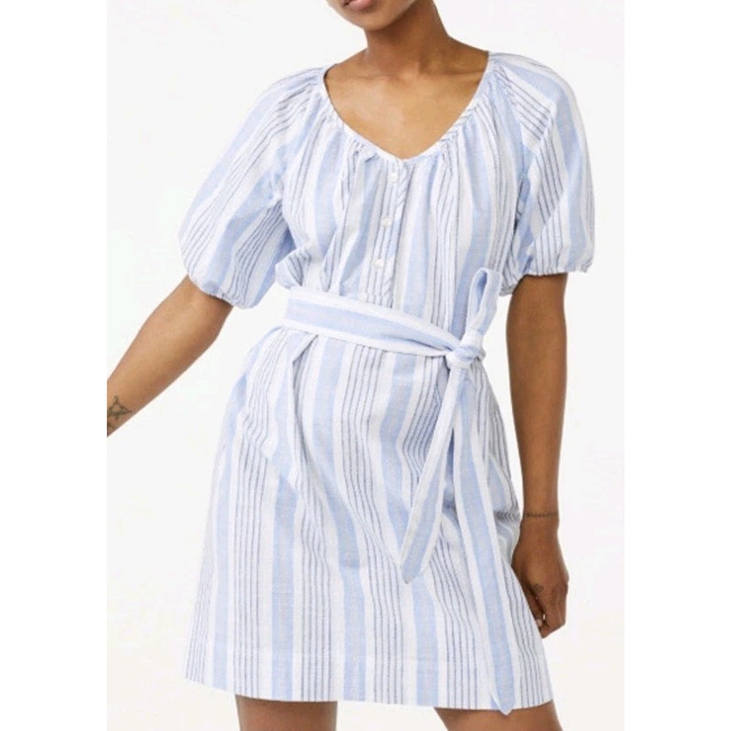 Free Assembly Womens Shirt Dress Puff Sleeve Blue/White Stripes Size Large XL
