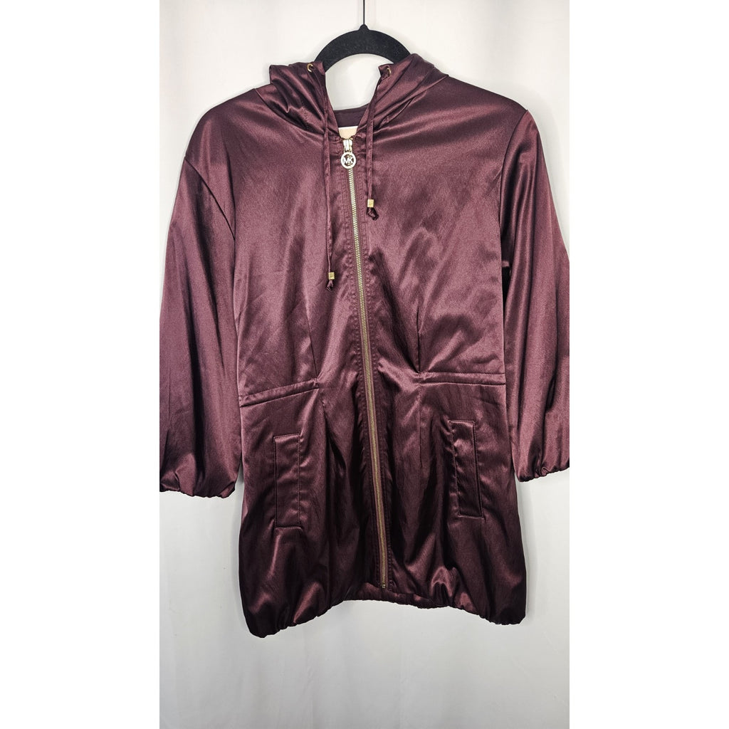 MICHAEL KORS FANCY PURPLE HOODED ANORAK CINCH-WAIST RAINCOAT LONG JACKET P/M