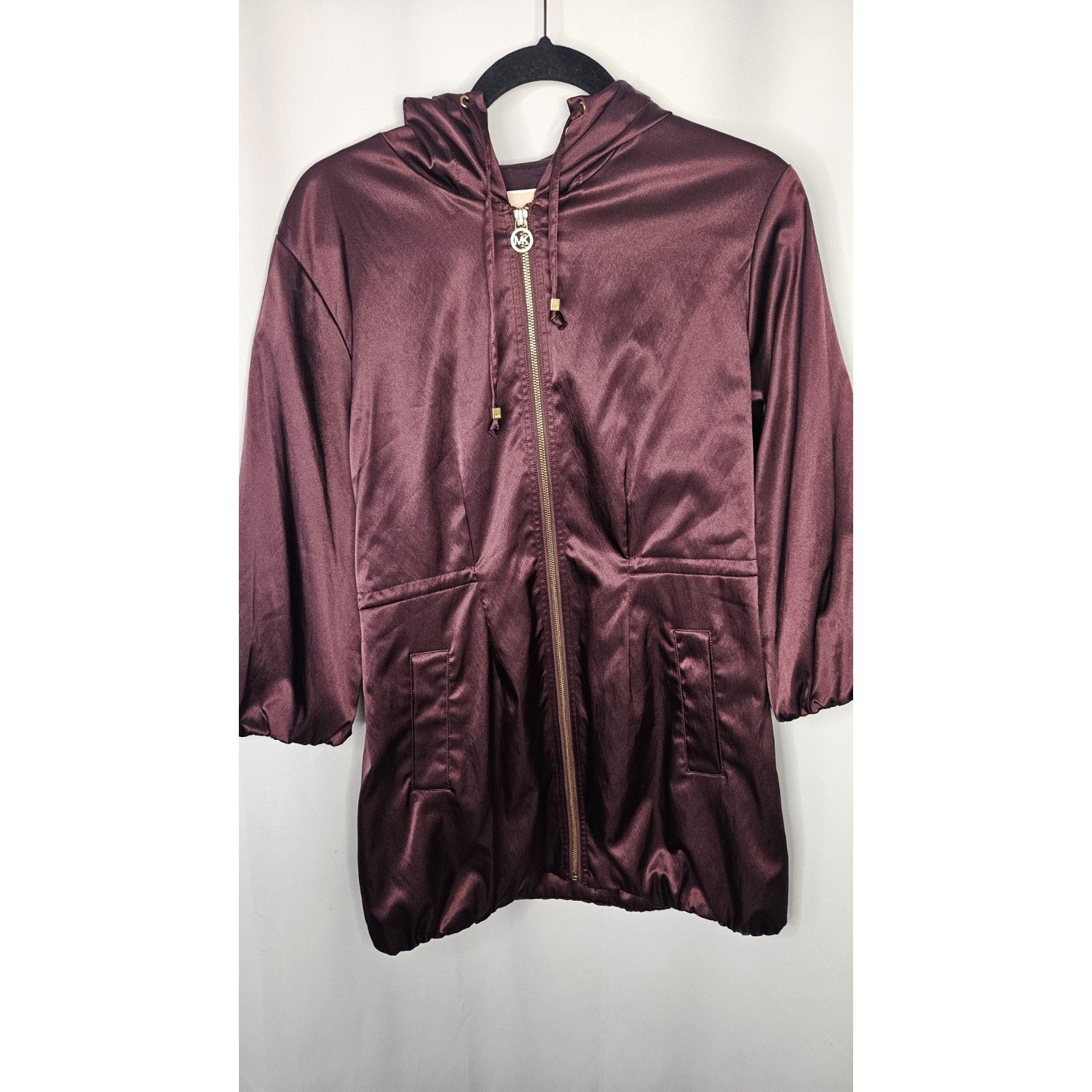 MICHAEL KORS FANCY PURPLE HOODED ANORAK CINCH-WAIST RAINCOAT LONG JACKET P/M