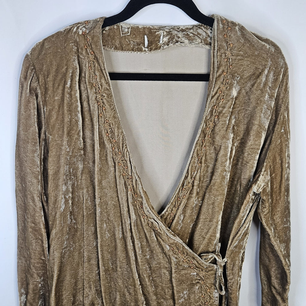 Women’s Golden Brown Crushed Velvet Wrap Top Size XL Retro Boho Fairy Peasant