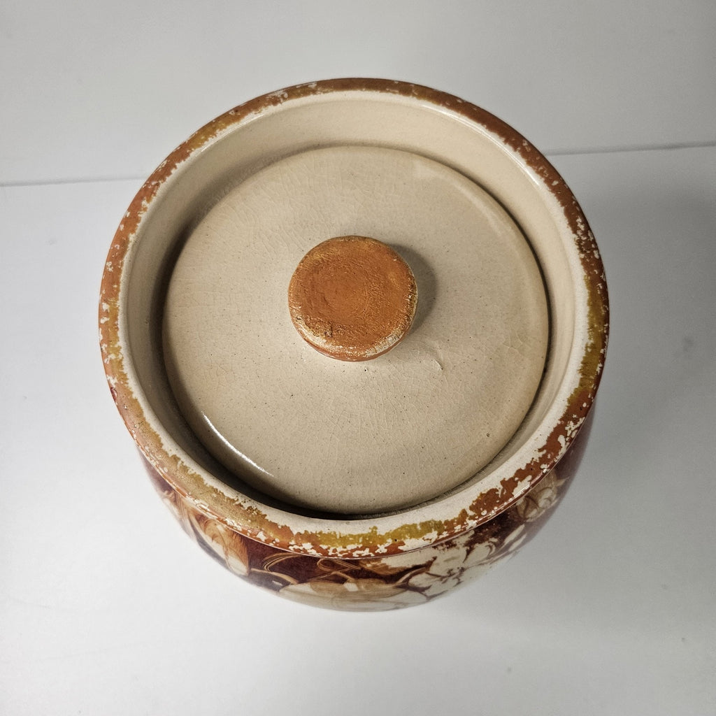 Vintage Glazed Pottery Abstract Fruit Print Cookie Jar Retro Kitchen Storage