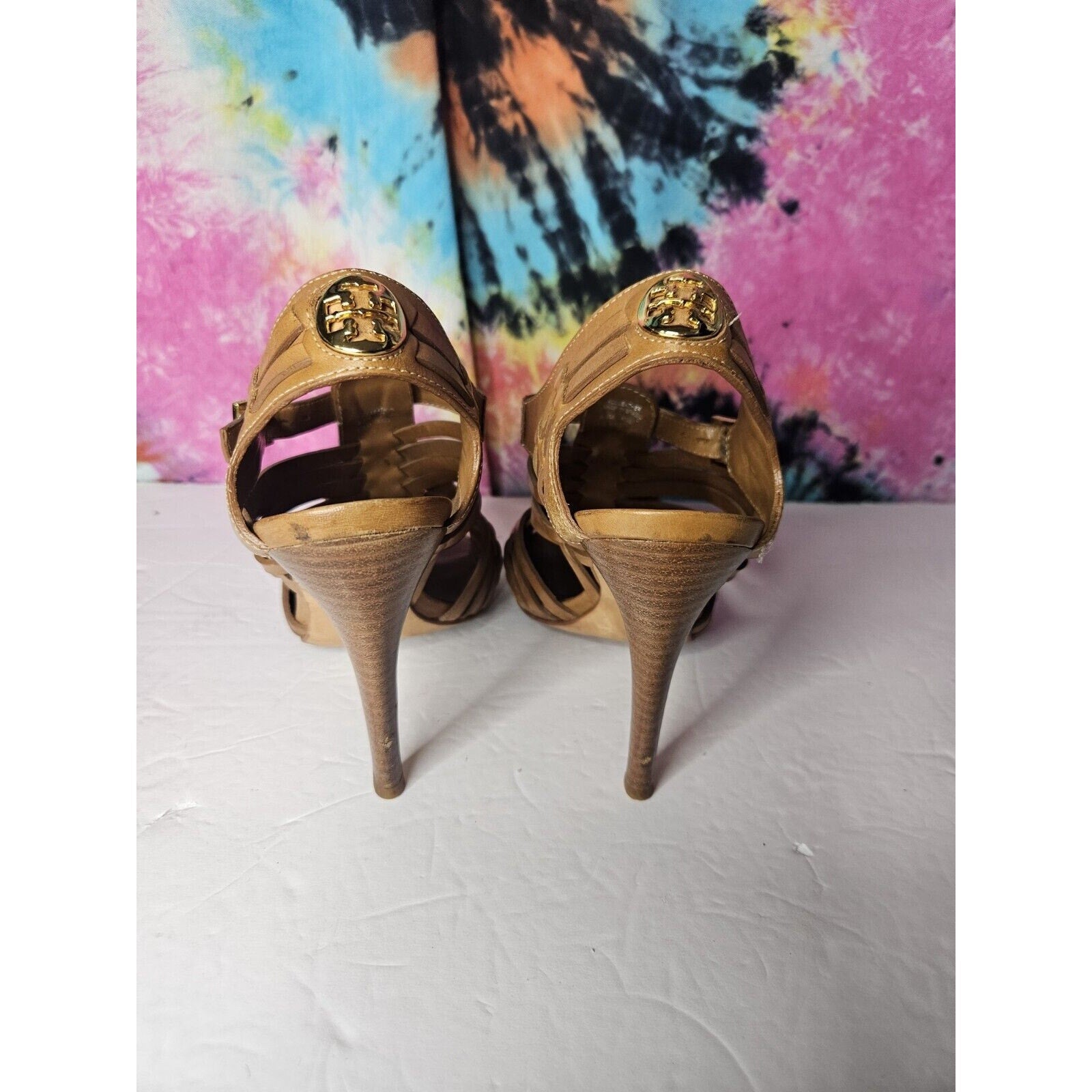 TORY BURCH $325 Nadia Brown Woven Leather Logo Detail Huarache Sandals Heels 6.5
