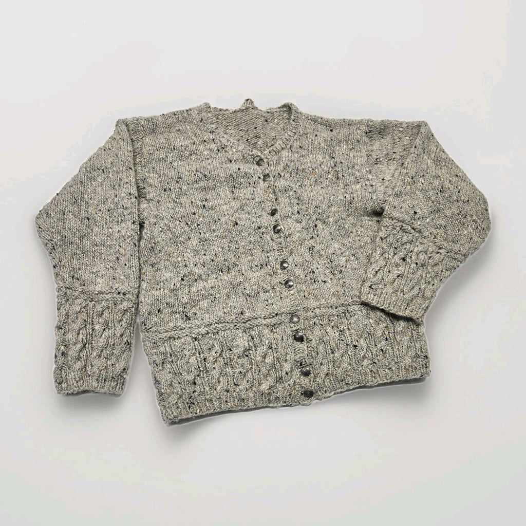 VTG Hand Knit Medium Gray Chunky Cable Knit Cardigan Sweater Fishermen