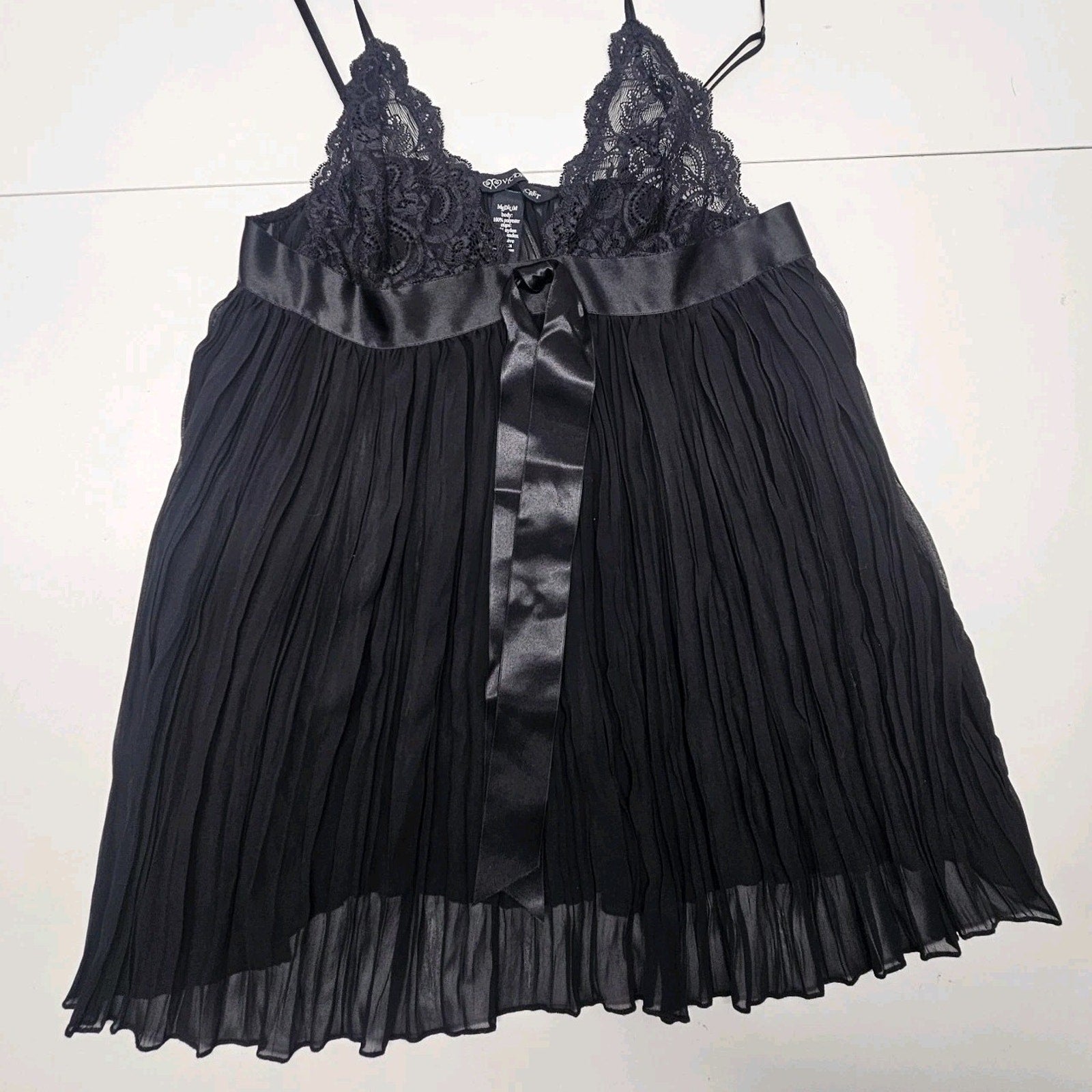 Victoria's Secret Very Sexy Black Pleated Sheer Babydoll Satin Bow Lingerie Med