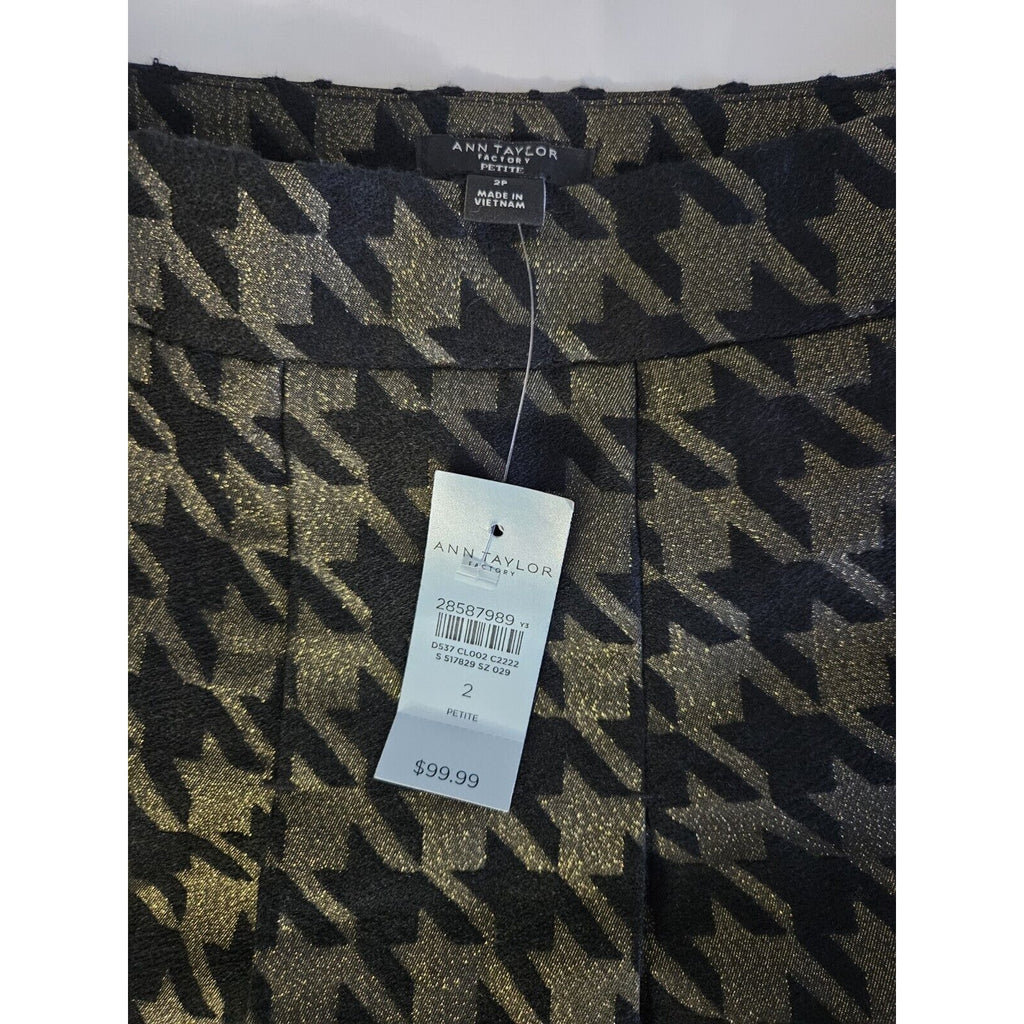 NWT Ann Taylor Factory Petite Sz 2 Black & Shimmer Gold Herringbone w Pleats