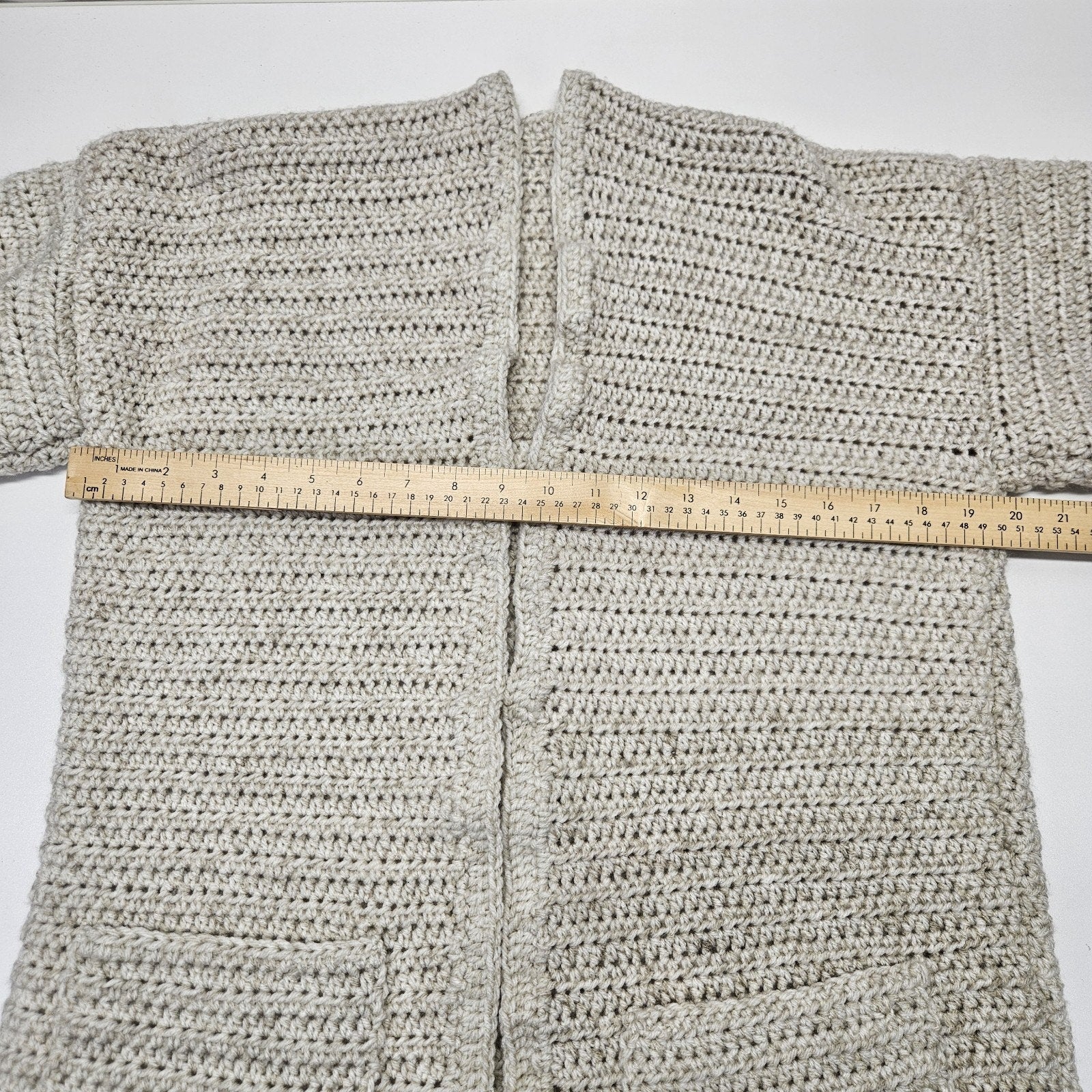 Handmade Knitted Crochet Beige Oversized Open Cardigan Large Boho Cozy Pockets