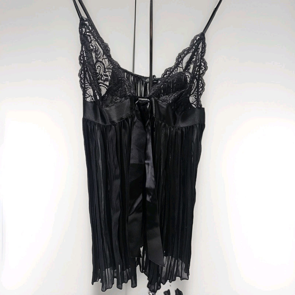 Victoria's Secret Very Sexy Black Pleated Sheer Babydoll Satin Bow Lingerie Med