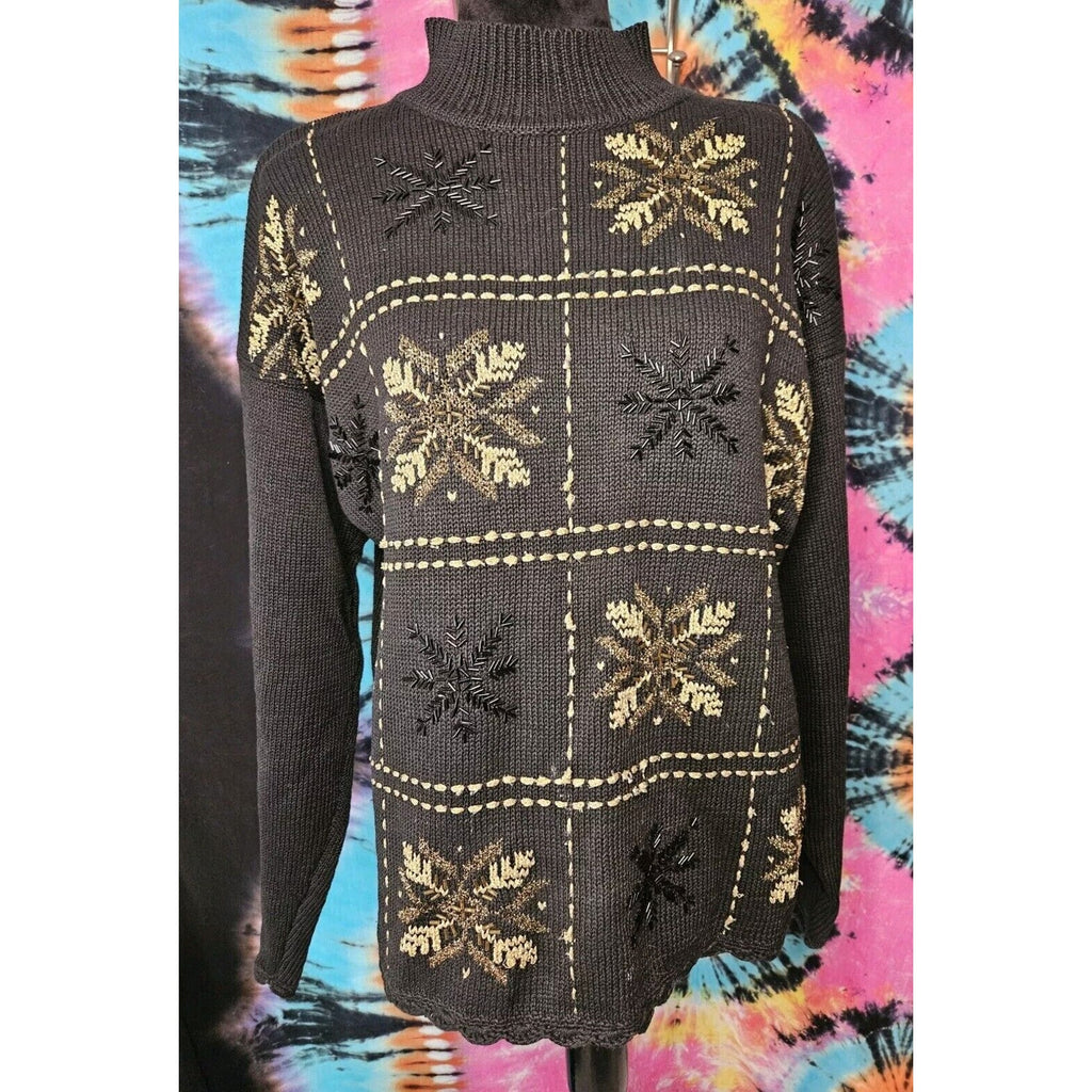 Vintage Beldoch Popper Black Winter Christmas Sweater Gold Bead Snowflake Large