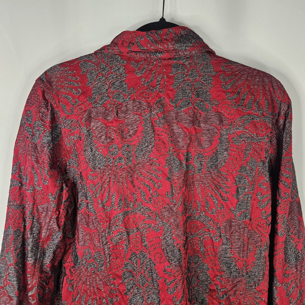 Chicos Size 2 Jacket Womens Red Gray Snap Front Lined Pockets Cotton Lyocell L