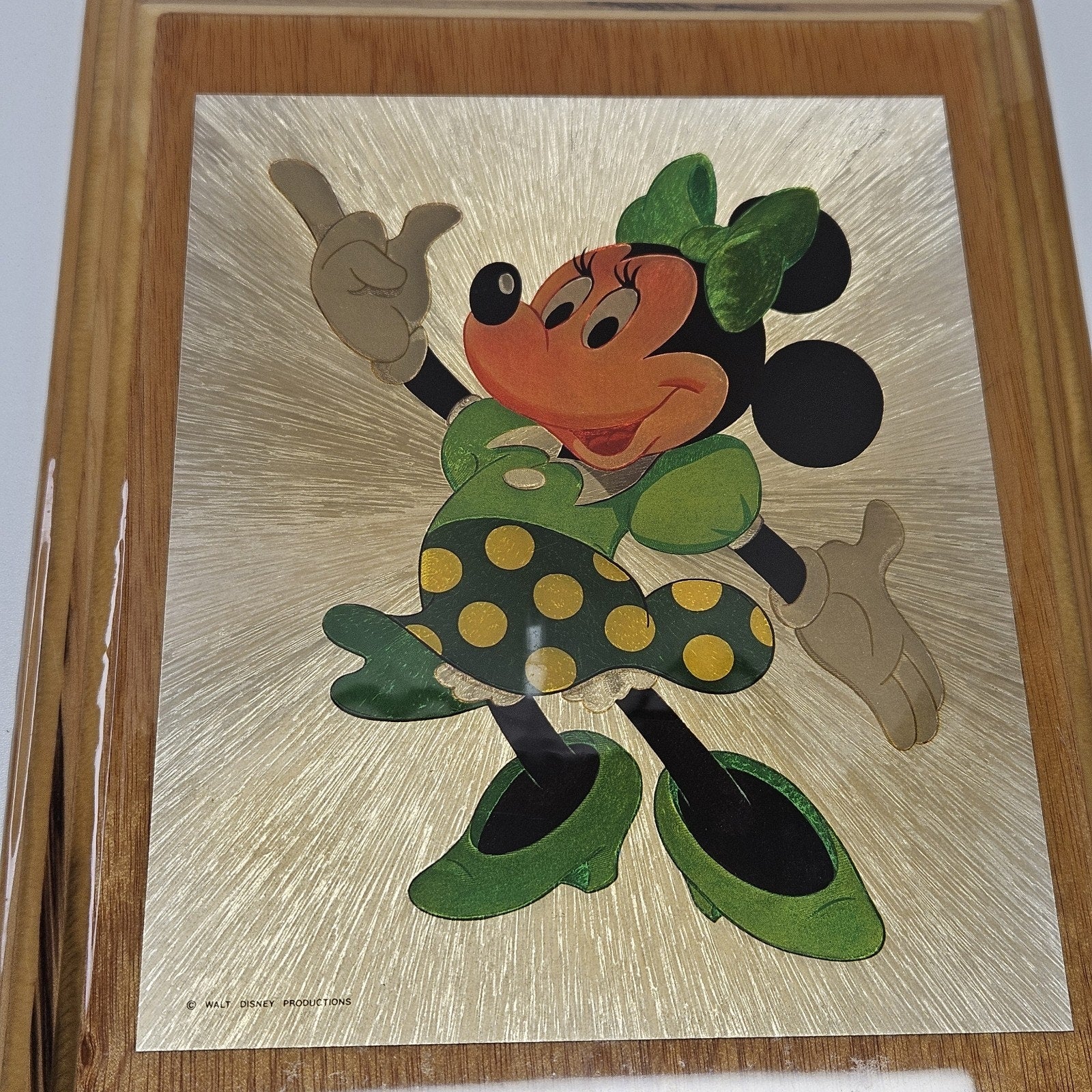 VTG 1980’s Minnie Mouse Wood Foil Art Epoxy Wood Frame Prism Plaque Collectible