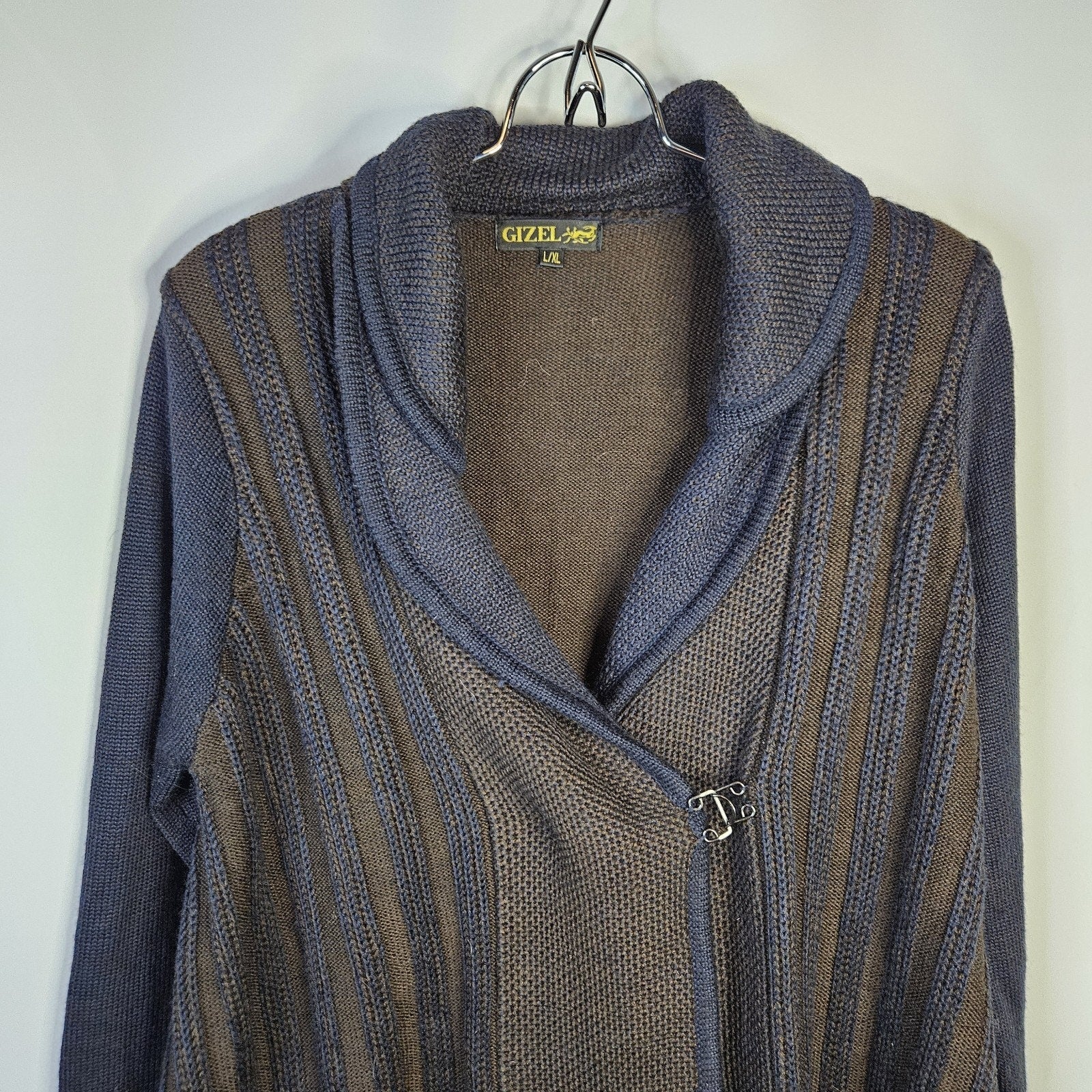 Woman’s Gizel Blue & Brown Block Design Sweater Jacket Acrylic Wool Blend L/XL