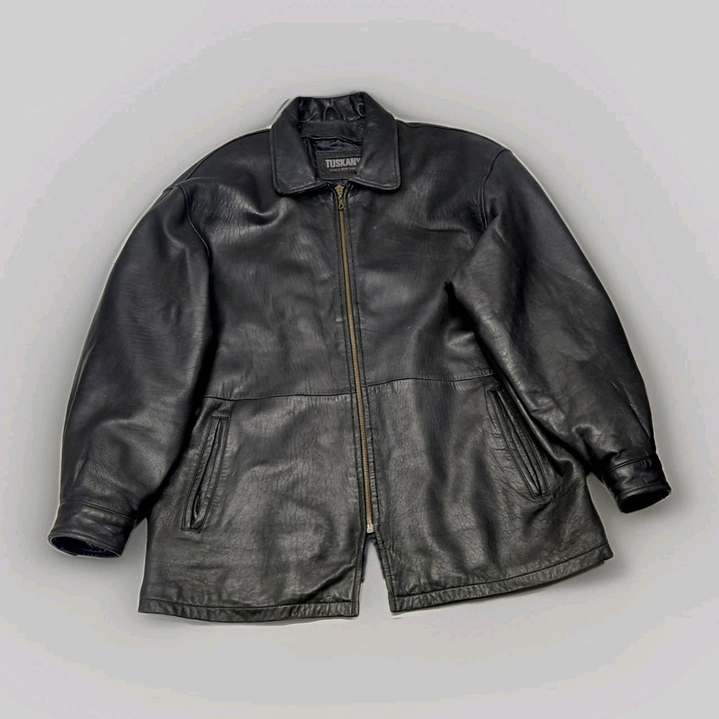 Vintage Tuskany Italian Leather Jacket Black Midi Coat Men's Large