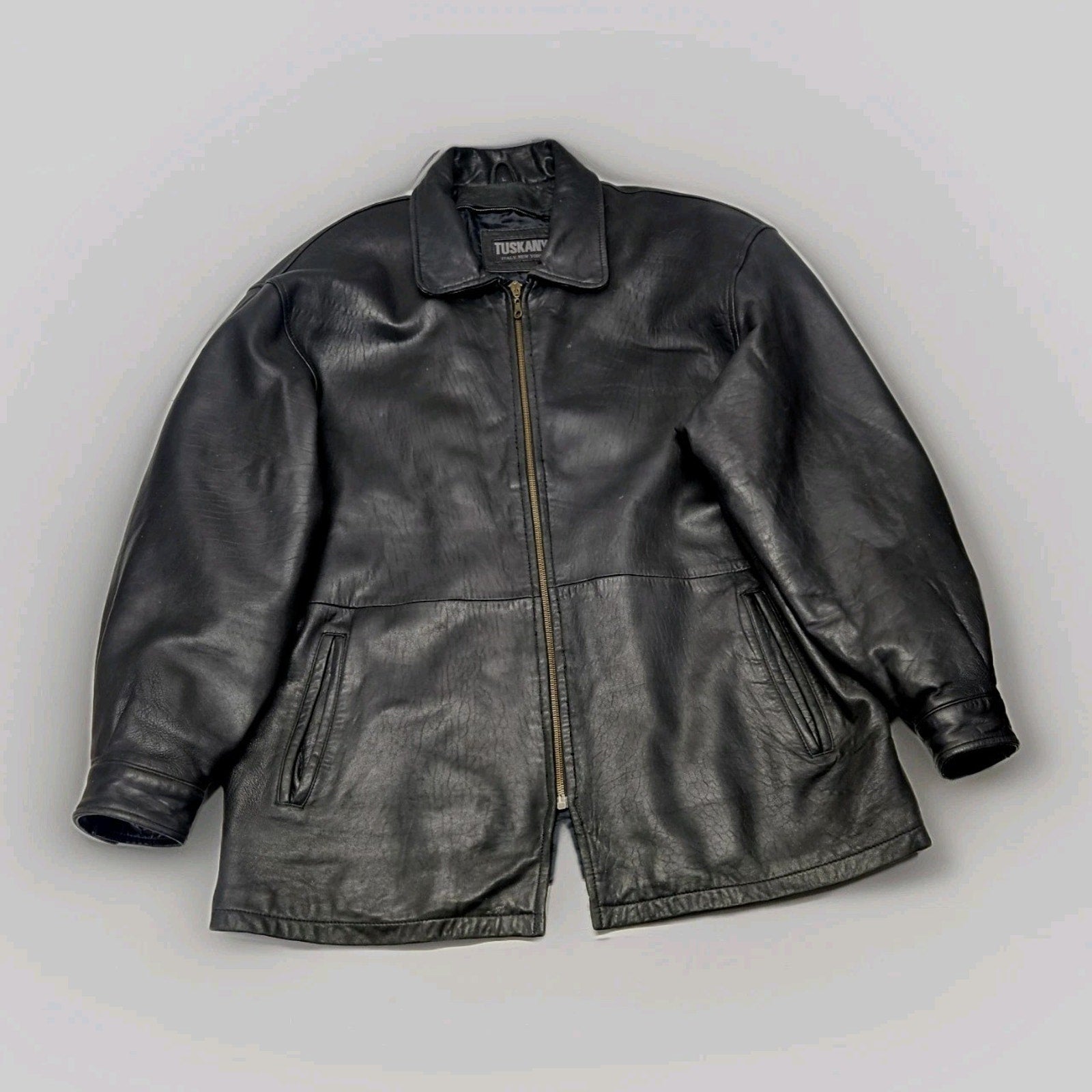Vintage Tuskany Italian Leather Jacket Black Midi Coat Men's Large