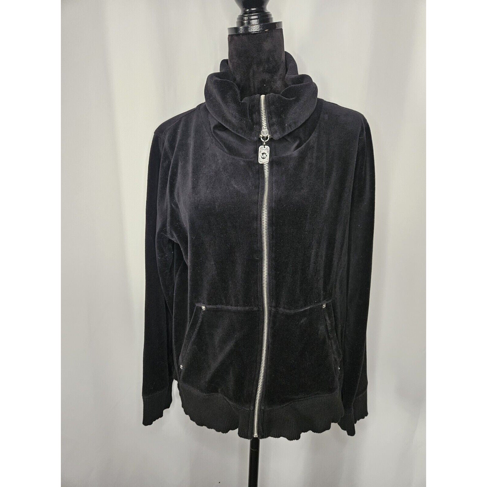 Michael Kors Velour Woman's XL Cowl Neck Full Zip Jacket Black Sweatshirt