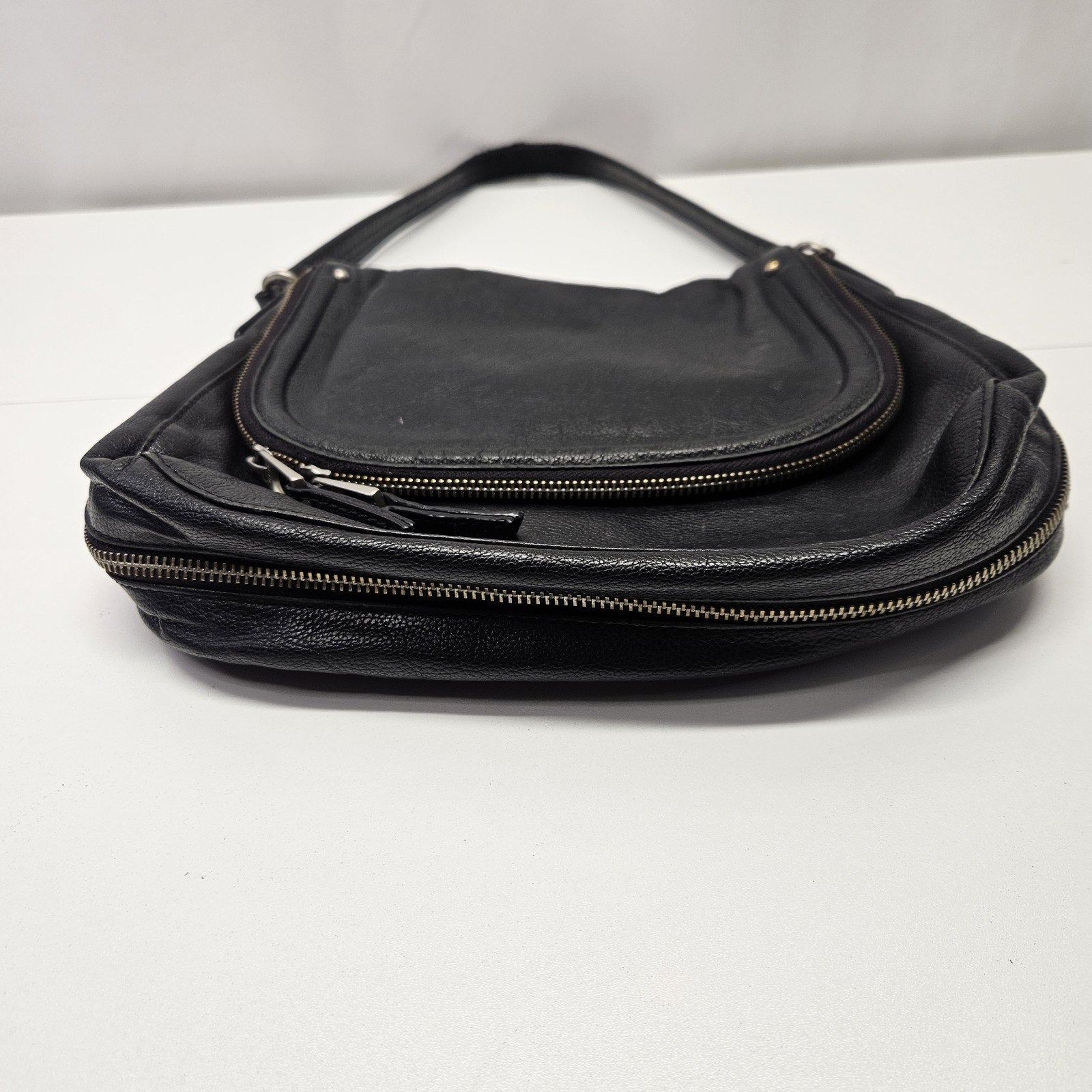 Vtg LODIS Black Pebble Leather Zip Around Foldover Shoulder Bag Western Biker