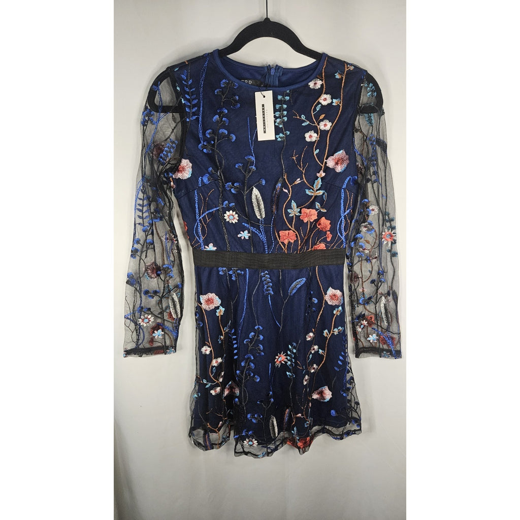 CBR Chic Boutique Rose Blue Solid Under Sheer Embroidered Floral Mini Dress NWT