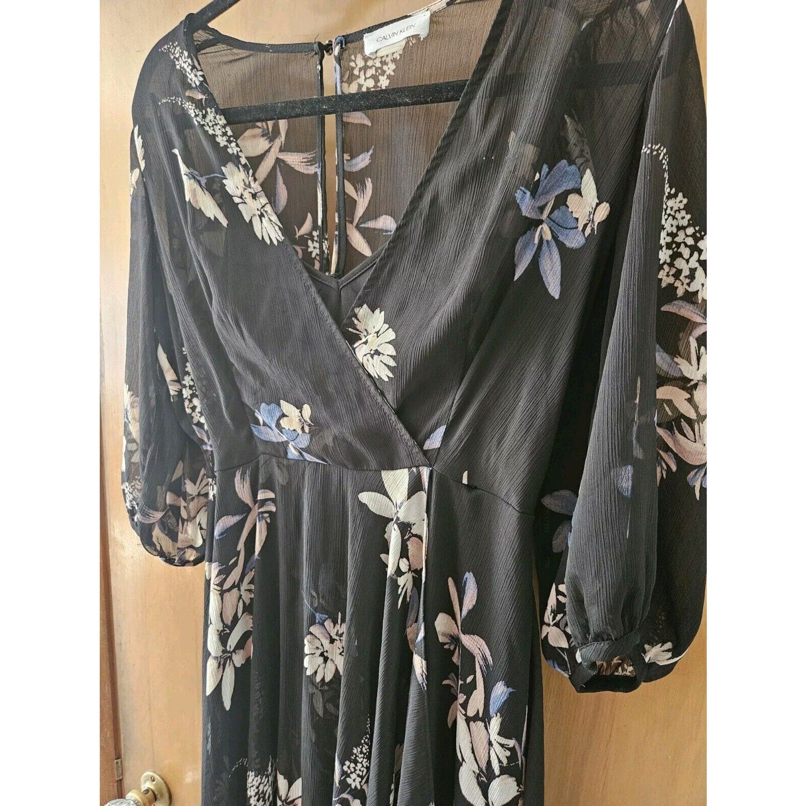 Calvin Klein Black Floral Chiffon Overlay Hi Low Flowy Sz 4 Mid Length Dress