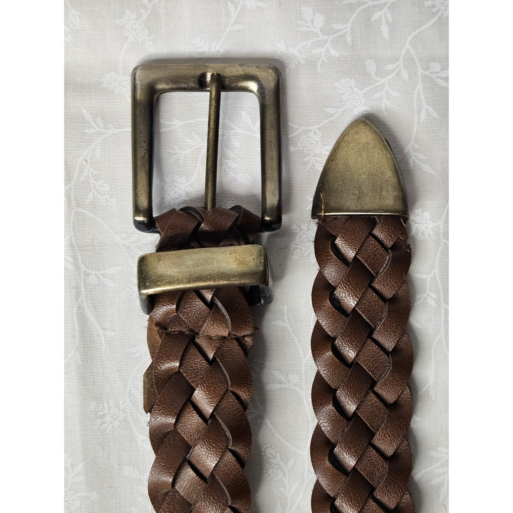 Women's Belt Brown XS VTG Braided Woven Faux Leather Metal Tip Casual Ladies 30"
