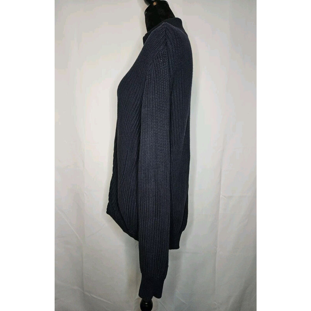 LL Bean Cotton Full Zip Cardigan Men Large Blue Chunky Ribbed Knit Sweater Vtg