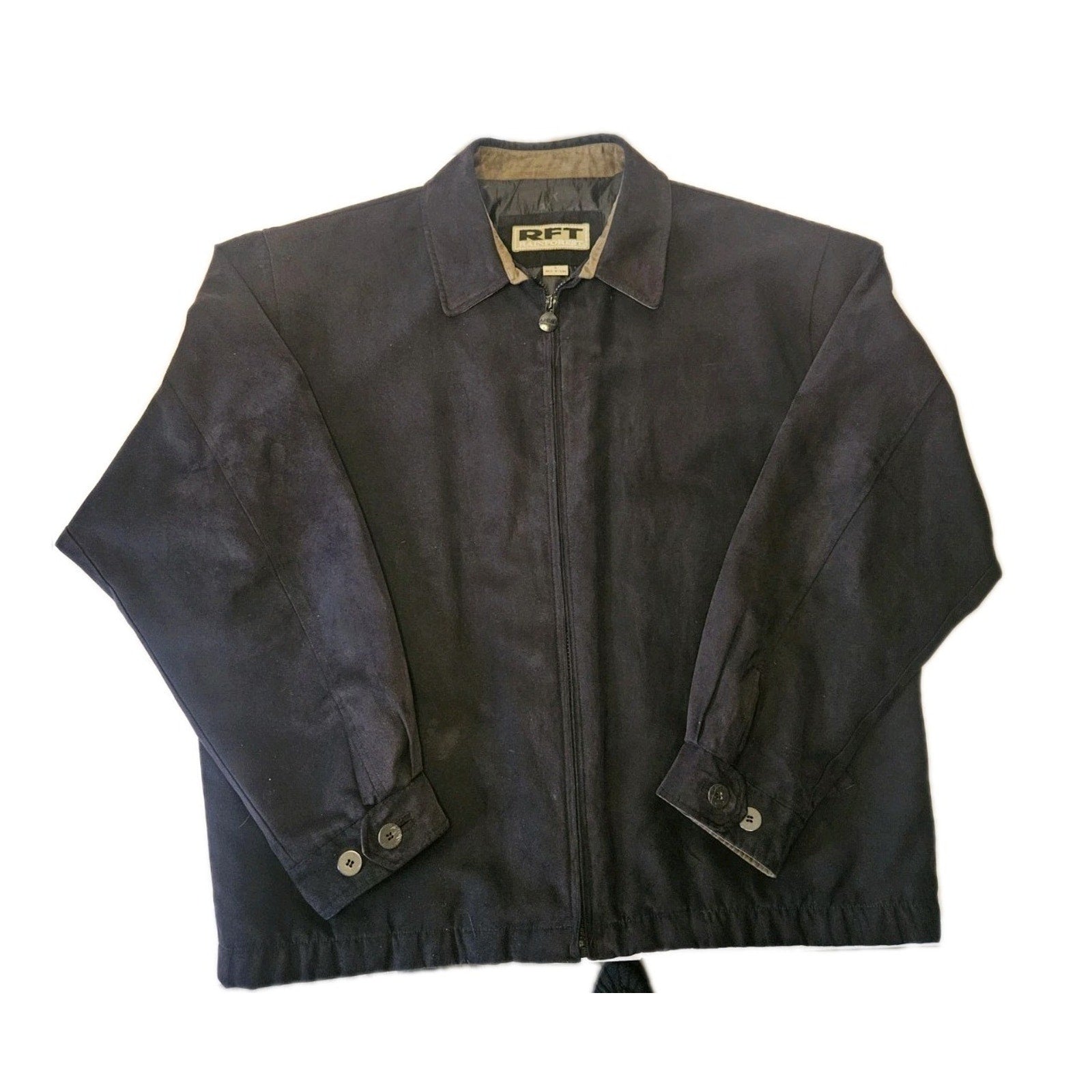 Vintage RFT Rainforest Black Micro Suede Jacket XL Inside Zipper Phone Pocket