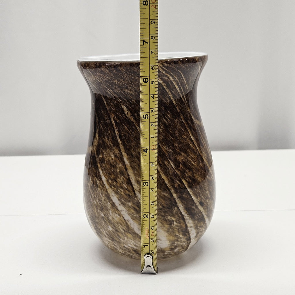 Vtg MURANO STYLE GLASS 6.5" VASE Speckled Gold & Brown White Stripes Earthy