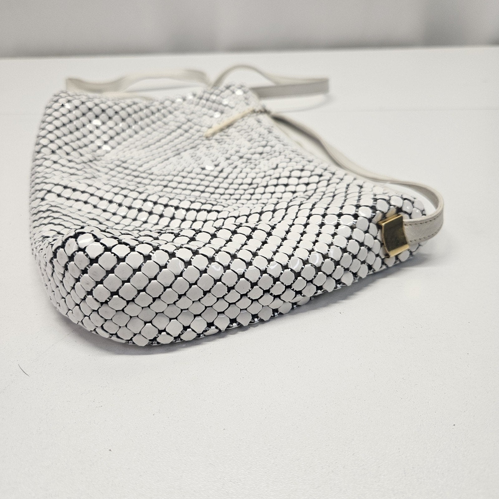 Retro Whiting and Davis Mini Handbag Purse White Metal Mesh Evening Shoulder