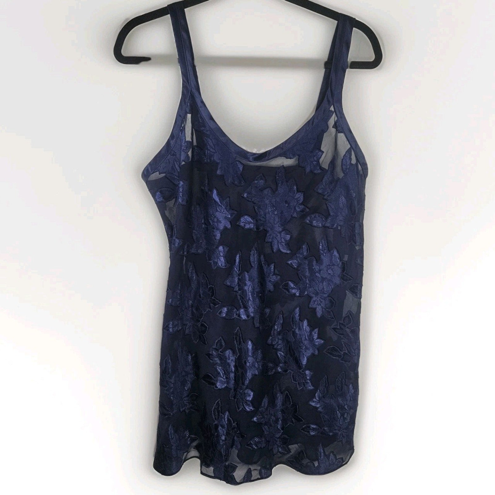 Vtg 90s Angelique Semi Sheer Slip Dress Blue Large Nightgown Lingerie Floral