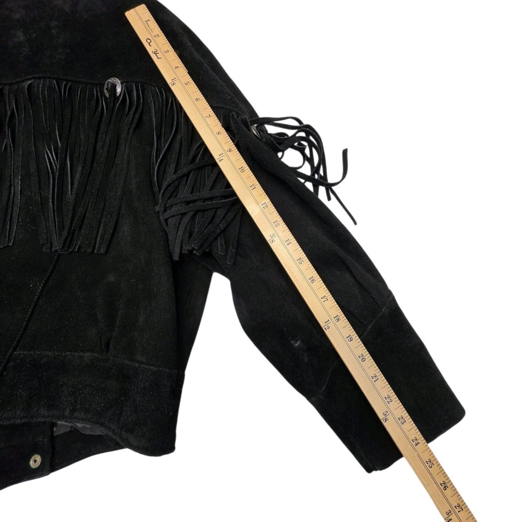 Vintage 1990s Black Suede Leather Fringe Western Jacket Large Cowgirl Festival