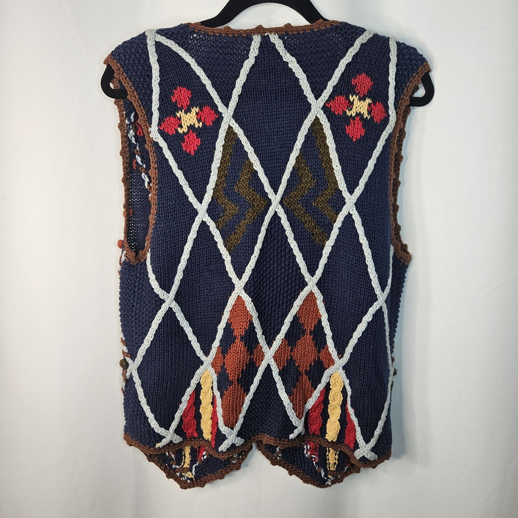 Vintage 1990s Womens Blue Floral Chunky Granny Knit Sweater Vest Small Cottage