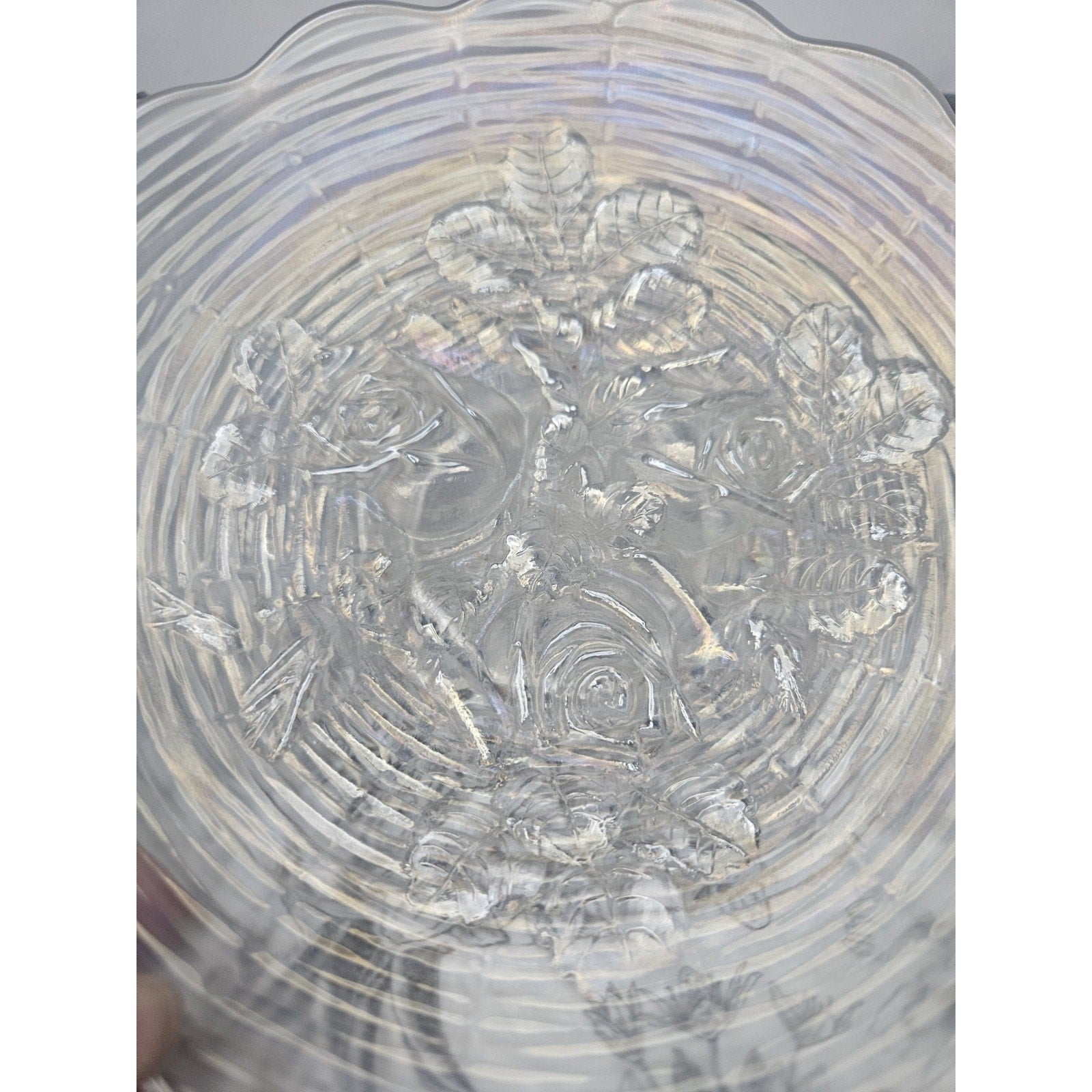 Antique Northwood White Carnival Glass Rose Show Deep Plate Iridescent Frosted