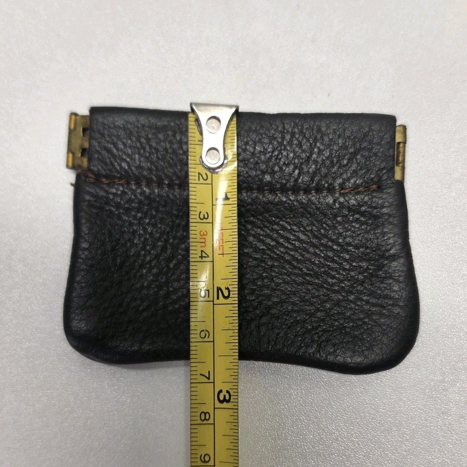 Vintage Black Leather Squeeze Coin Purse Change Pouch Key Holder Spring Frame