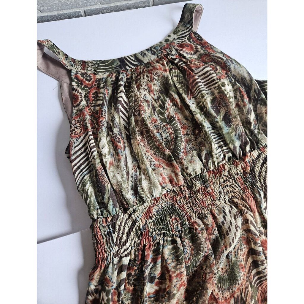 Perceptions New York Green Brown Tan Sleeveless Long Ruched Waist Poly Dress 14