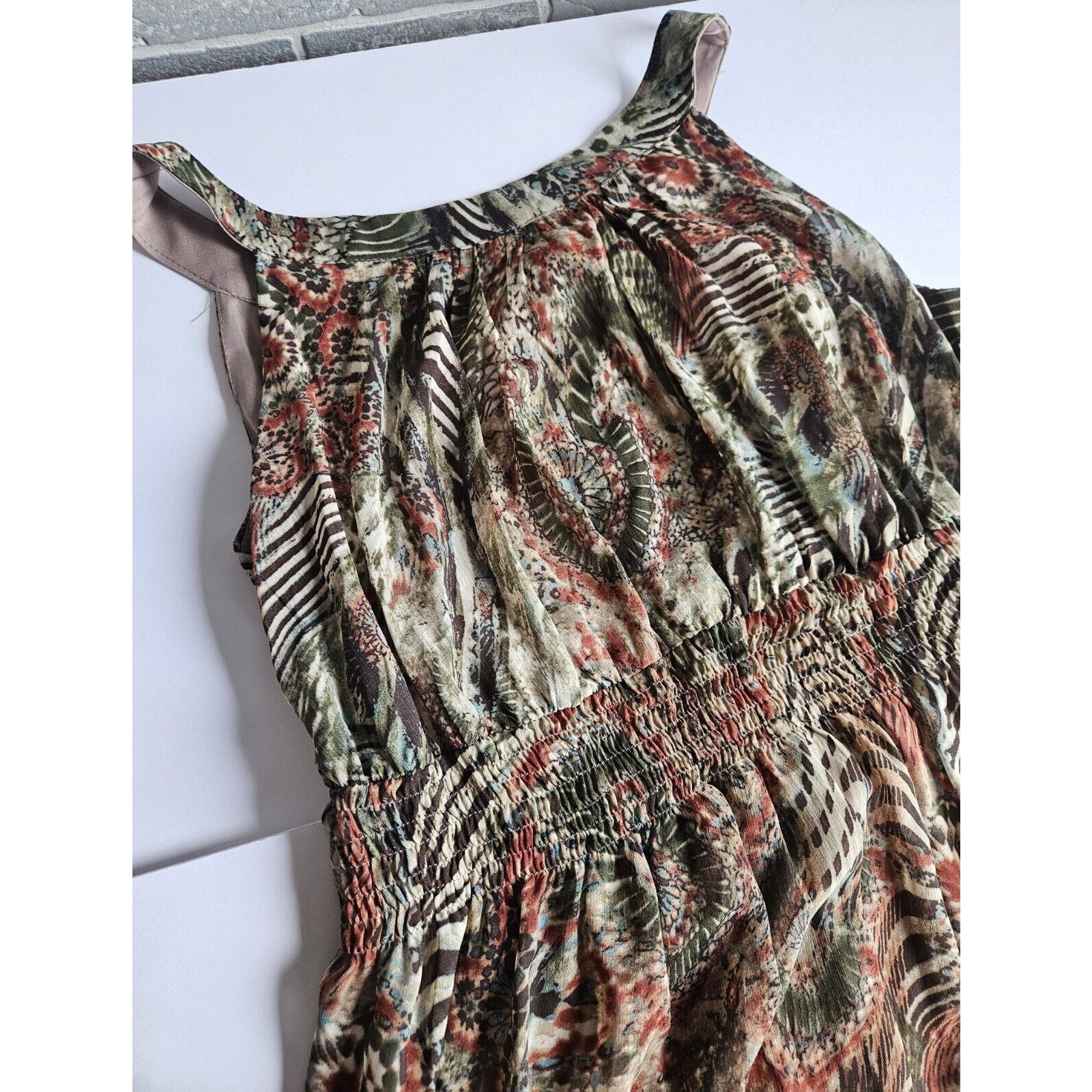 Perceptions New York Green Brown Tan Sleeveless Long Ruched Waist Poly Dress 14