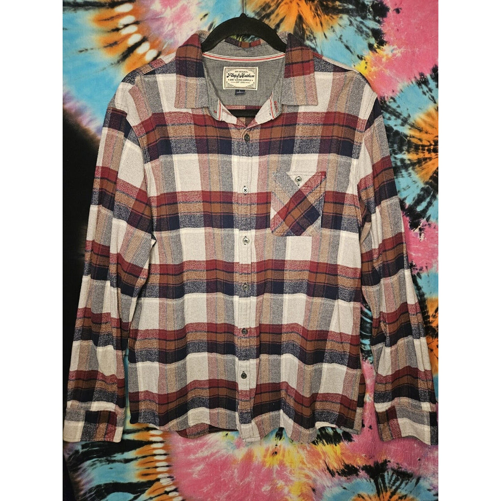 Flag & Anthem 100% Cotton Flannel Button Up Shirt L Blue Red Tan Long Sleeve