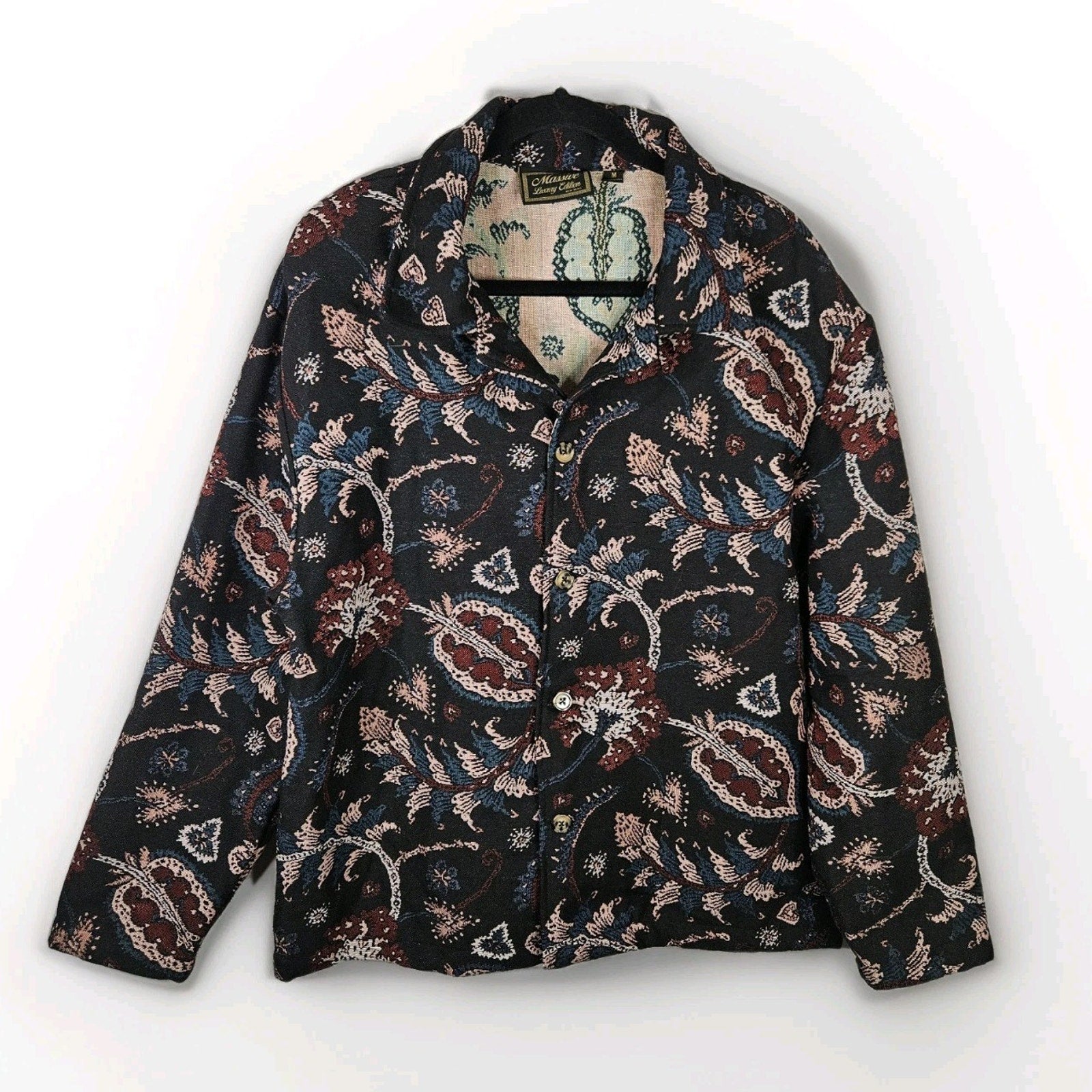 Massive Luxury Mens Tapestry Jacket Medium Black Pink Paisley Retro Baroque