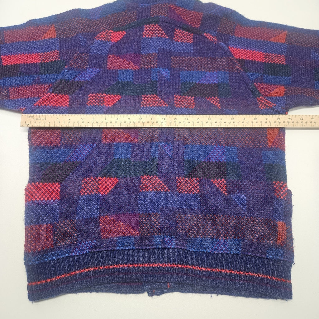Vtg 80s Womens Crowneck Long Cardigan Sweater Geometric Knit Wool Mohair XL