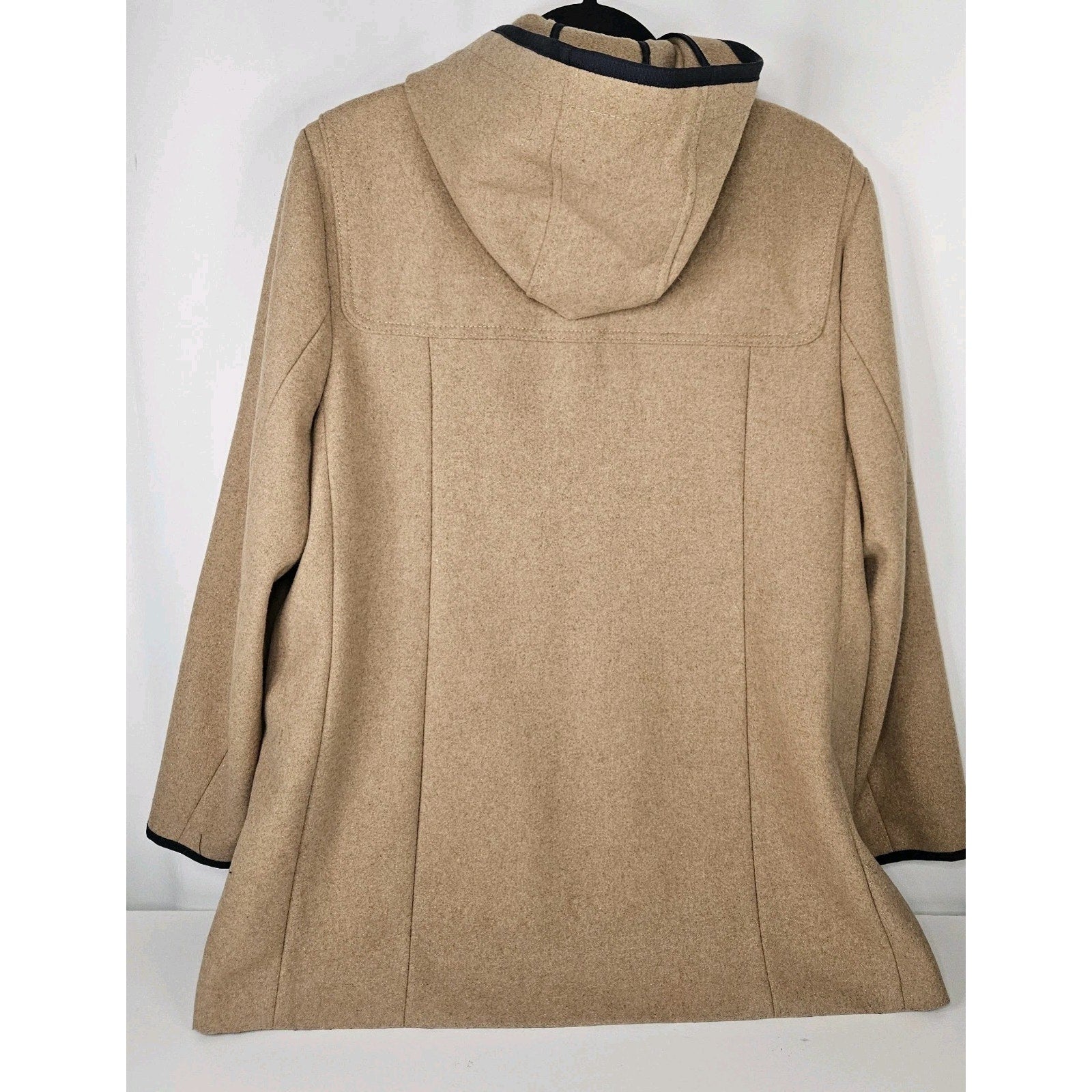 Tommy Hilfiger Jacket Womens Size Large Camel Navy Full Zip Hooded Wool Blend