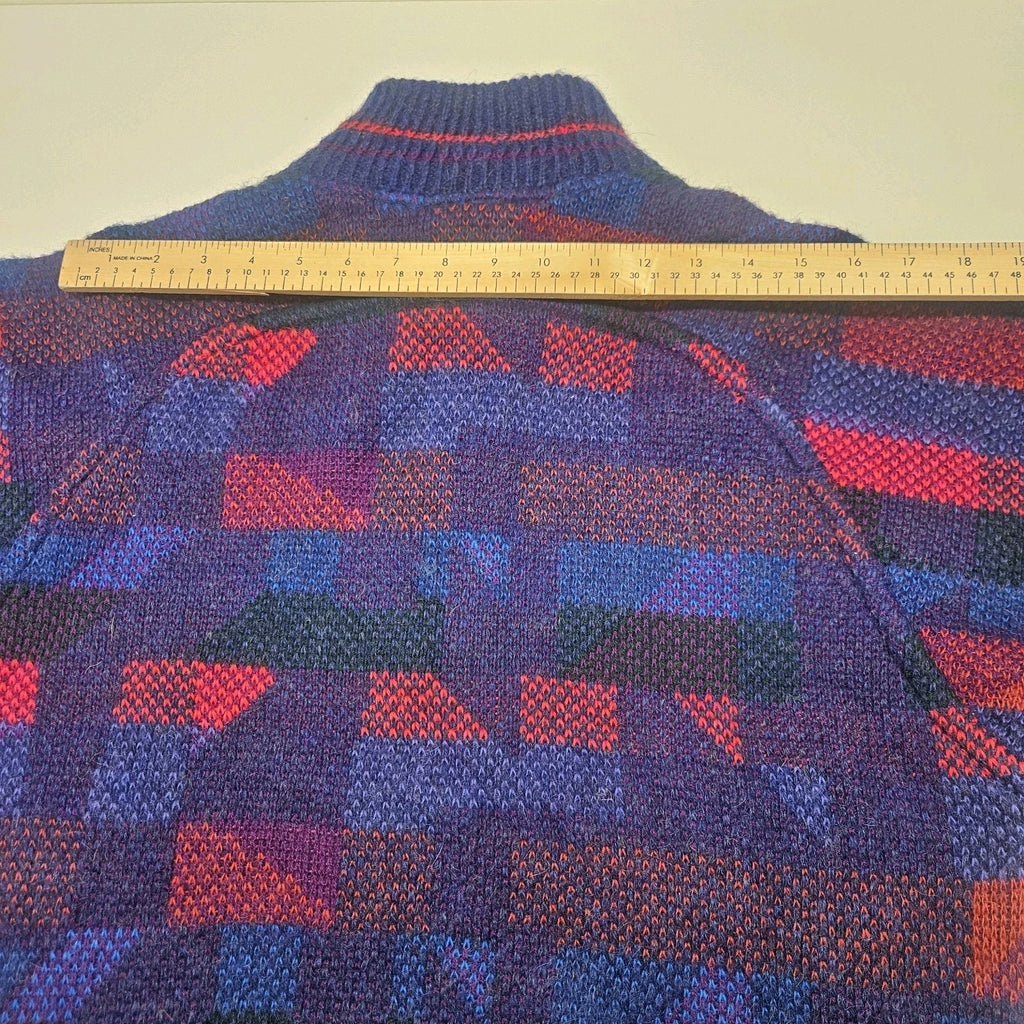 Vtg 80s Womens Crowneck Long Cardigan Sweater Geometric Knit Wool Mohair XL