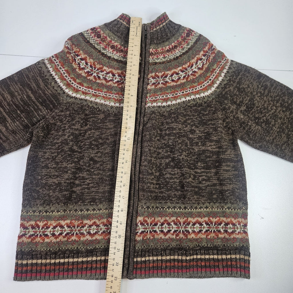 Vintage Y2K 2000s Fair Isle Ski Sweater Cardigan Womens XL Full Zip Green Brown